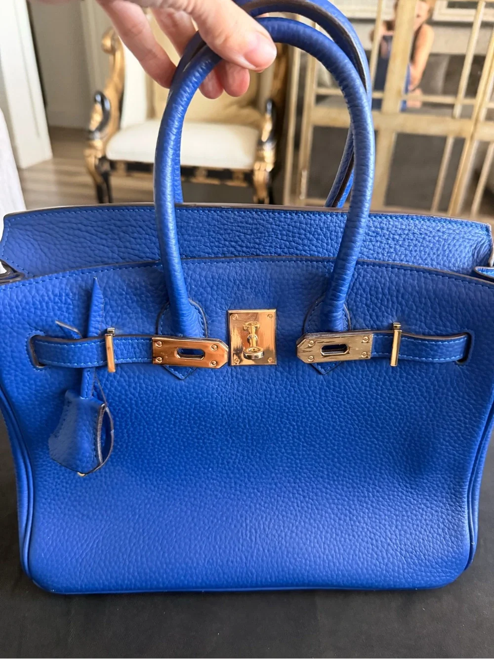 Classic Blue Pebbled Leather Top-Handle Satchel with Gold-Tone Hardware